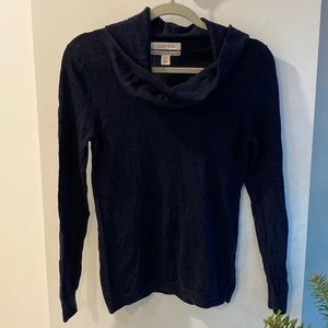 ELLEN TRACY extra fine merino wool cowl funnel neck sweater navy L turtleneck